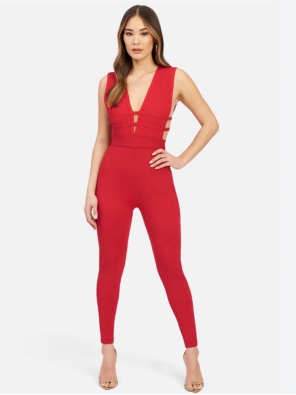 bebe Red Ribbed Plunge V-Neck Cutout Bandage Jumpsuit Large Party Night Out
